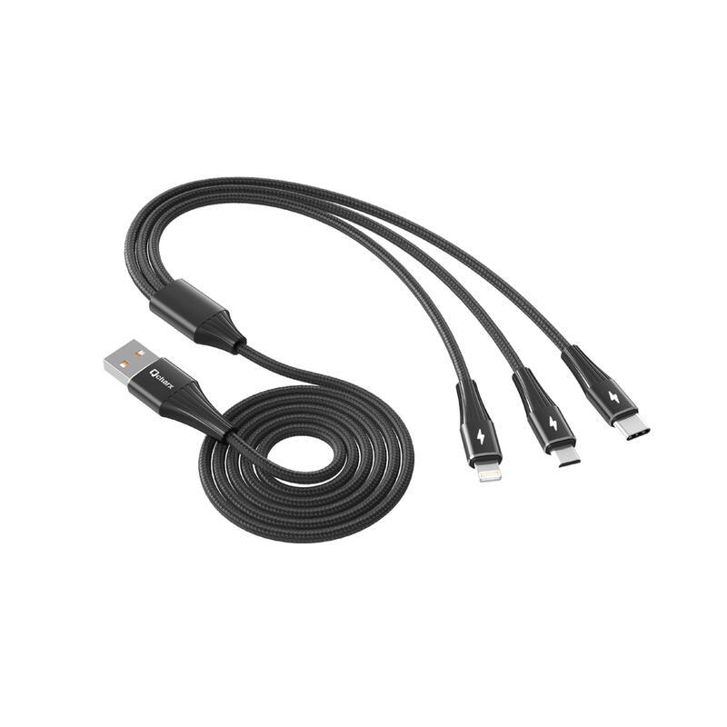 Cable triple qcharx napoli usb a lightning + tipo c + micro 3a - 1.2 m - aleación de aluminio negro cordon suave