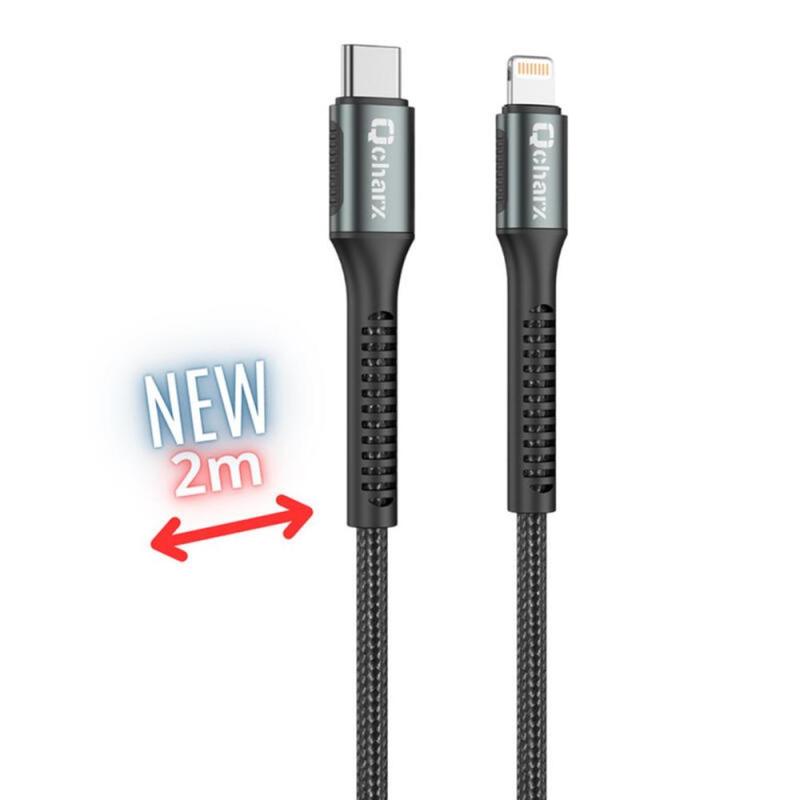Cable qcharx prague usb tipo c a lightning - 2m - aleacion de aluminio negro cordon de tela suave