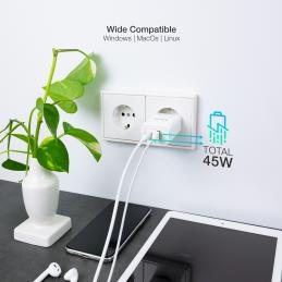 Cargador de pared tooq doble usb - c + usb a blanco 45w