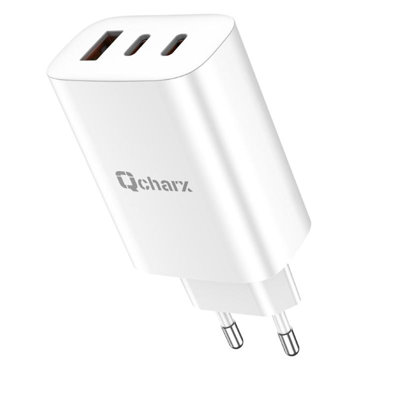 Cargador qcharx ares 3a 65w 2 puerto tipo c + usb blanco
